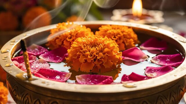 Floating flowers and incense stick in traditional bowl during Diwali celebrations. Bright marigold flowers and pink petals harmonize with serene ambiance.