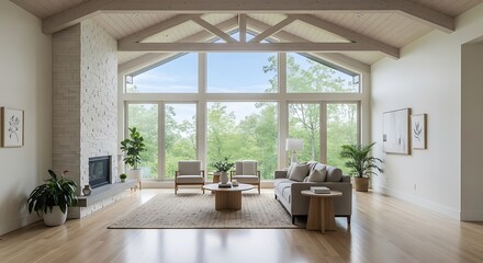 Fototapeta premium Airy Modern Great Room with Vaulted Beams Stone Fireplace and Window Wall to Forest.