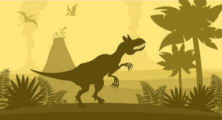 Prehistoric landscape with silhouette of dinosaurs - allosaurus and pterodactyl, ferns, palm tree and volcano. Vector nature illustration. Image with extinct animals.