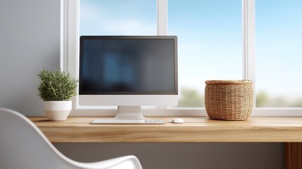 Fototapeta premium Modern Minimalist Workspace with Desktop Computer, Potted Plant, and Woven Basket in Bright Room by Window