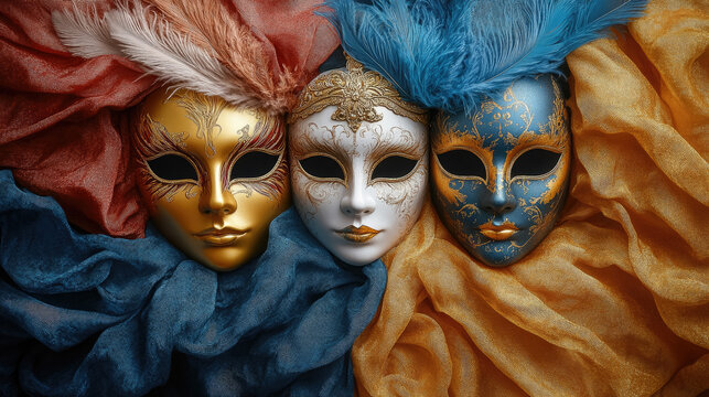 A flatlay composition featuring various Venetian carnival masks on dark velvet. Masks of Bauta, Columbina, and Medico della Peste, feathers, background, text space, theater, art, masquerade