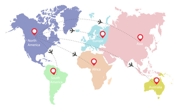 World map showing regions of continents with travel routes among North America, South America, Europe, Africa, Asia, and Australia. Vector illustration