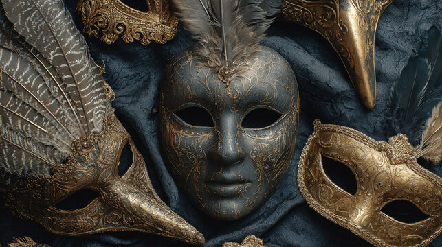A flatlay composition featuring various Venetian carnival masks on dark velvet. Masks of Bauta, Columbina, and Medico della Peste, feathers, background, text space, theater, art, masquerade