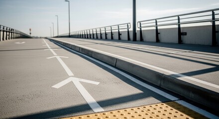 Obraz premium Empty Highway Overpass with Lane Markings and Guardrail, Sunny Day