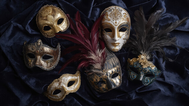 A flatlay composition featuring various Venetian carnival masks on dark velvet. Masks of Bauta, Columbina, and Medico della Peste, feathers, background, text space, theater, art, masquerade