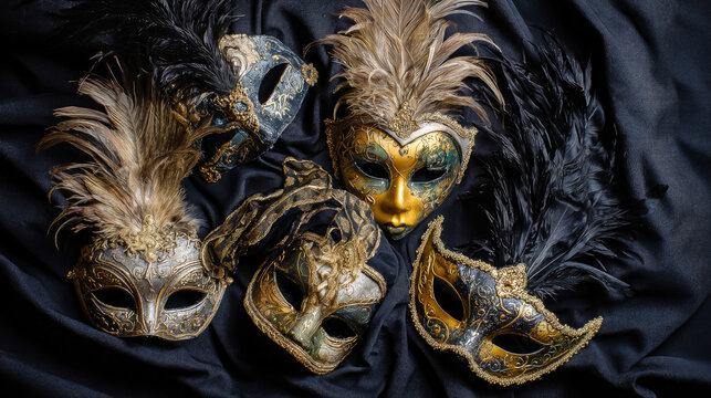 A flatlay composition featuring various Venetian carnival masks on dark velvet. Masks of Bauta, Columbina, and Medico della Peste, feathers, background, text space, theater, art, masquerade