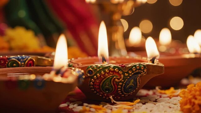 Diwali celebration with illuminated diyas and colorful decorations for festive atmosphere. Diwali includes traditional rituals with beautiful handmade lamps and vibrant floral arrangements.