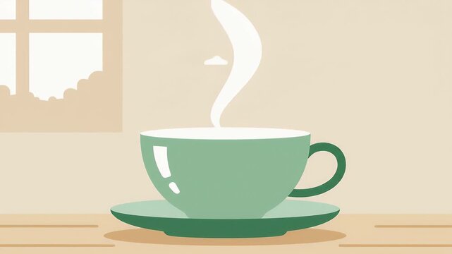 Steaming green coffee cup on table by window illustration