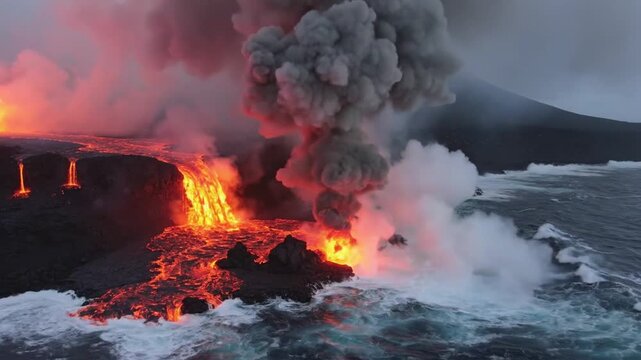 Active Volcano Erupting Lava Flows Into The Ocean With Smoke Plumes