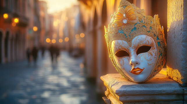 A graceful traditional Venetian mask lies on a stone parapet against a blurred background of an empty street in Venice, bokeh effect, beautiful soft daylight, copyspace, Venice carnival, masquerade