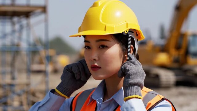 Realistic industrial footage capturing moment of worker putting on safety helmet hands and upper body in focus shallow depth blurred construction environment daylight lighting clean cinematic composit