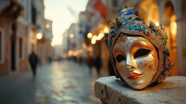 A graceful traditional Venetian mask lies on a stone parapet against a blurred background of an empty street in Venice, bokeh effect, beautiful soft daylight, copyspace, Venice carnival, masquerade