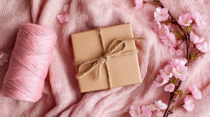 A gift box wrapped in twine, thread, and cherry blossoms on a pink fabric background