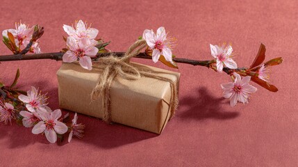 A wrapped gift box with twine, nestled by blossoming pink flowers, on a burgundy surface