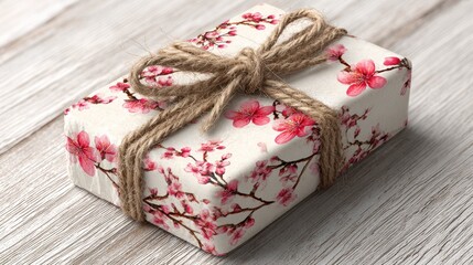 Gift box wrapped in floral paper & tied with twine, placed on a weathered wooden surface