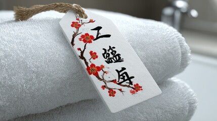 Close-up of folded white towels with a decorated tag featuring Asian calligraphy and florals
