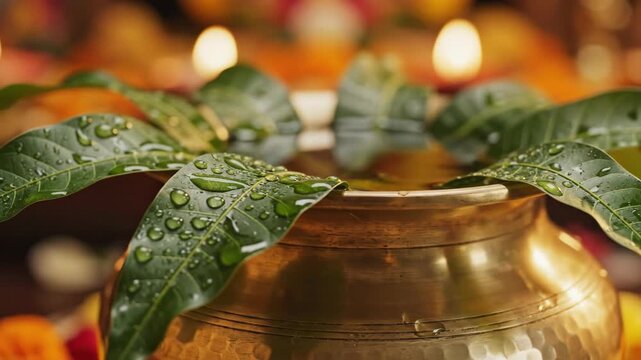 Traditional Hindu puja vessel with fresh leaves and water droplets on brass pot. Worship rituals includes decorative elements like lighted candles and vibrant flowers.