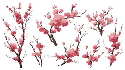Watercolor floral illustration featuring various pink cherry blossom branches on white