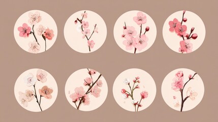 Eight floral vignettes of pink blossoms in circular frames against a neutral background