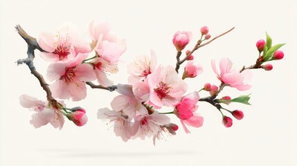 Delicate floral branch with pale pink blossoms, buds, and green leaves