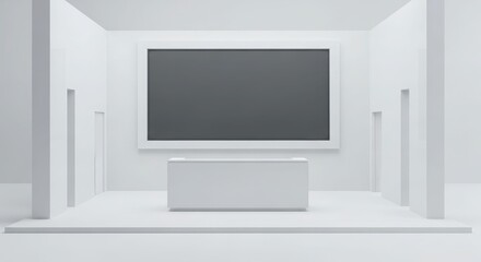 Fototapeta premium Minimalist white room with blank television screen on stand.