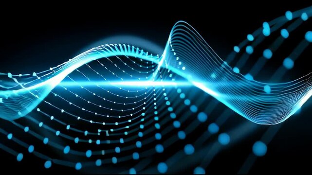 Ai data wave model training process flowing across abstract digital blue light energy line technology pattern data stream curve flow visualizing