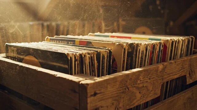 Vintage vinyl records stacked in a wooden crate, illuminated by soft light in a nostalgic setting.