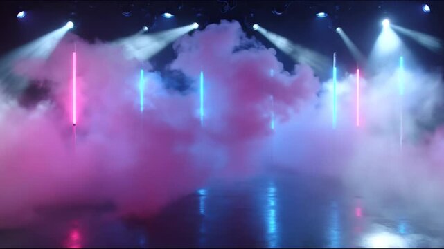 Abstract stage with neon lights and fog for background
