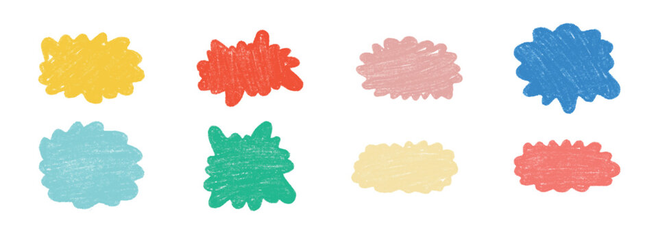 Cute pastel doodle box frames with crayon texture. Set of colorful hand-drawn abstract blobs and borders