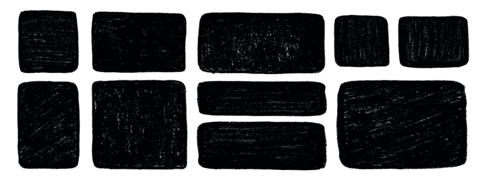 Set of black crayon hand-drawn box frames. Doodle square borders featuring chalk textures and pencil outlines