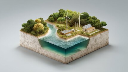 Eco-Friendly Landscape Featuring Sustainable Energy Solutions with Wind Turbines, Solar Panels, River, and Lush Greenery in 3D Representation
