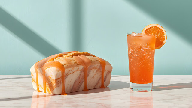 liced pound cake with orange juice on a sunny table