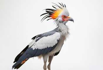 Fototapeta premium Colorful Secretary Bird, with crest feathers and a serious look, white background