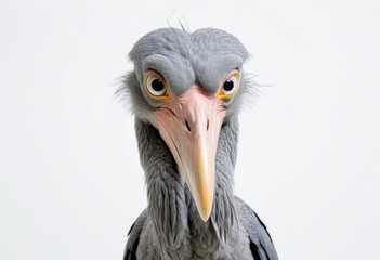 Close-up portrait of grumpy but cute Shoebill Stork, showing off its giant beak, serious look, white background