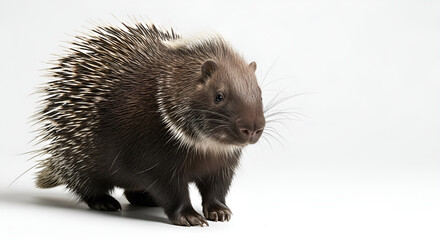 Obraz premium Small hedgehog isolated on white background, details of quills and fur are clearly visible, concept of wildlife, mammals, exotic fauna and natural elements.