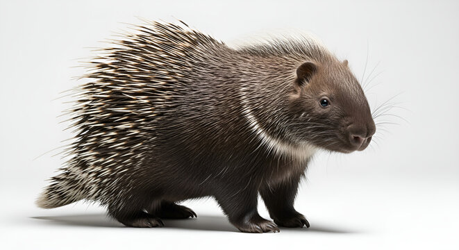 Small hedgehog isolated on white background, details of quills and fur are clearly visible, concept of wildlife, mammals, exotic fauna and natural elements.