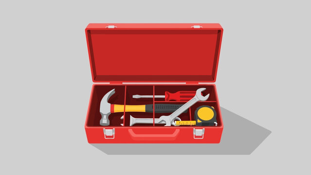 Open red metal toolbox with various hand tools for repair and construction.