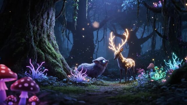 A lush magical forest with toadstools and bioluminescent glowing plants.