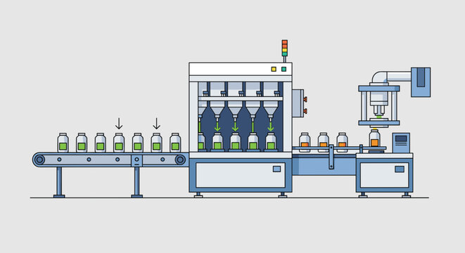 Bottling Machine Filling Bottles with Liquid.
