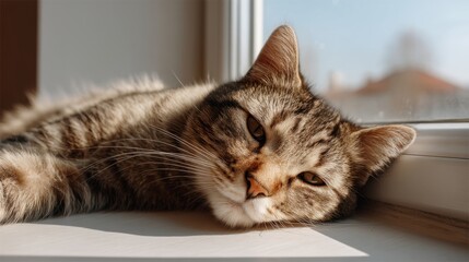 Relaxed Tabby Cat Gazing Through Window in Natural Light, Resting on Windowsill with Soft Shadows, Cozy Indoor Setting and Calm Atmosphere