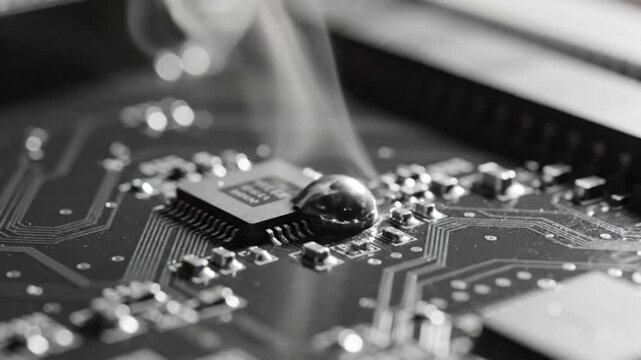 Close up electronics soldering microchip on circuit board.