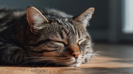 Obraz premium Relaxed Tabby Cat Napping Peacefully on Wooden Floor with Sunlight Streaming Through Window in Cozy Indoor Environment