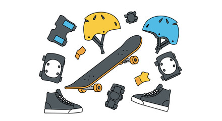 Skateboarding Equipment and Safety Gear Collection.