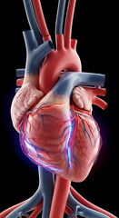 Detailed anatomical illustration of the human heart with visible arteries and veins, highlighting the circulatory system.