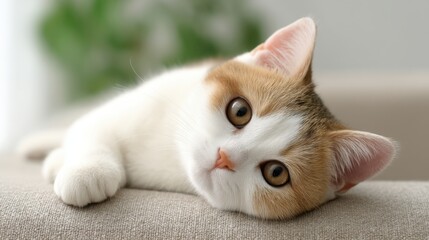 Adorable domestic cat with beautiful markings lying on a couch, showcasing big expressive eyes and a curious demeanor, perfect for pet lovers and animal enthusiasts