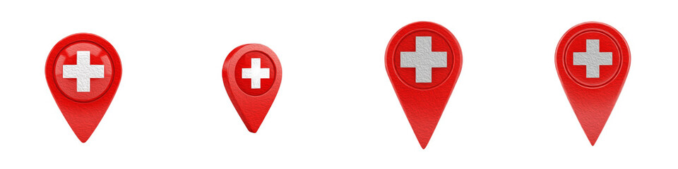 Fototapeta premium Set of Red Medical Location Pins with White Cross, Healthcare GPS and Hospital Map Pointer Collection Isolated on Transparent Background,PNG Cutout