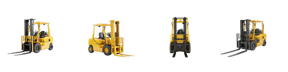 Set of Industrial Yellow Forklifts, Warehouse Heavy Equipment and Machinery Collection Isolated on Transparent Background, PNG Cutout © khan saib