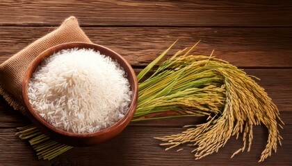 Close-up of a bowl of white rice with rice stalks on a wooden surface.