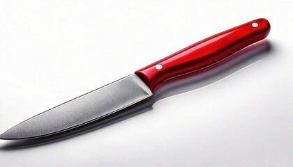 Close-up of a sharp kitchen knife with a vibrant red handle on a white surface.