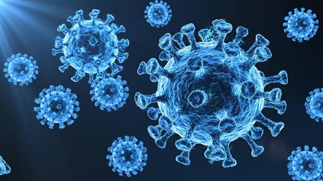 Professional biomedical 3D animation showing multiple floating virus particles in microscopic environment realistic coronavirus inspired design blue spherical forms cyan glowing edges evenly spaced sp